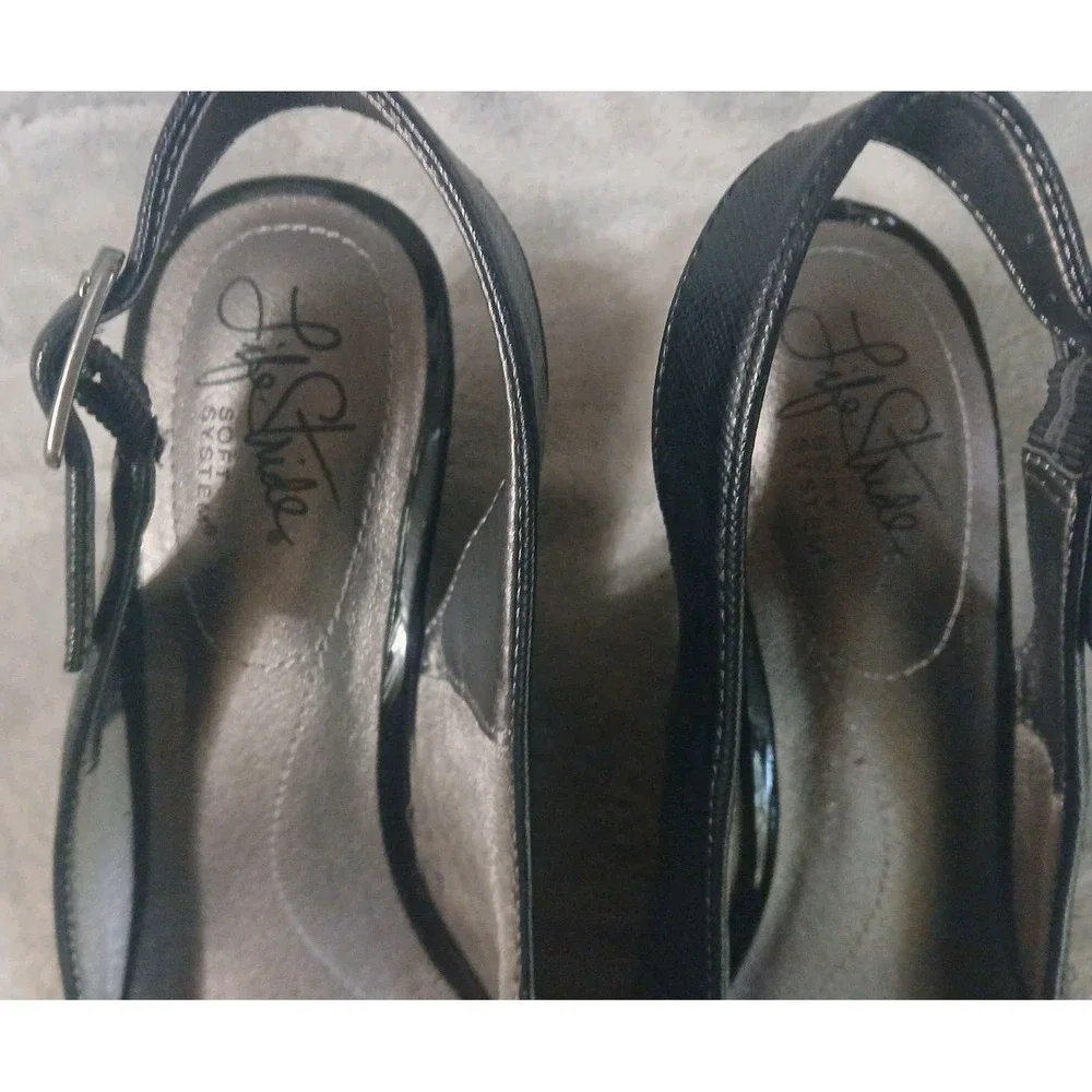 Life Stride Womens Dress Shoes‎ 8 1/2M Jean Black Slingback Wedge Heels